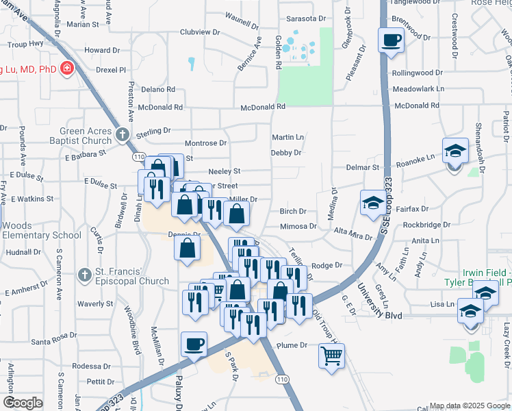 map of restaurants, bars, coffee shops, grocery stores, and more near 2105 Miller Dr in Tyler