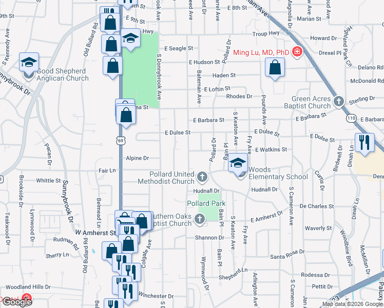 map of restaurants, bars, coffee shops, grocery stores, and more near 2903 New Copeland Road in Tyler