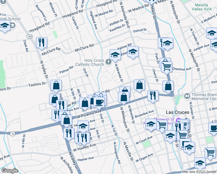 map of restaurants, bars, coffee shops, grocery stores, and more near 702 Parker Road in Las Cruces
