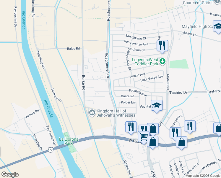 map of restaurants, bars, coffee shops, grocery stores, and more near 1361 Mogollon Road in Las Cruces