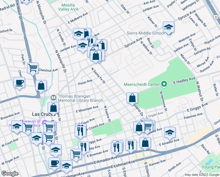 map of restaurants, bars, coffee shops, grocery stores, and more near 1427 Augustine Avenue in Las Cruces