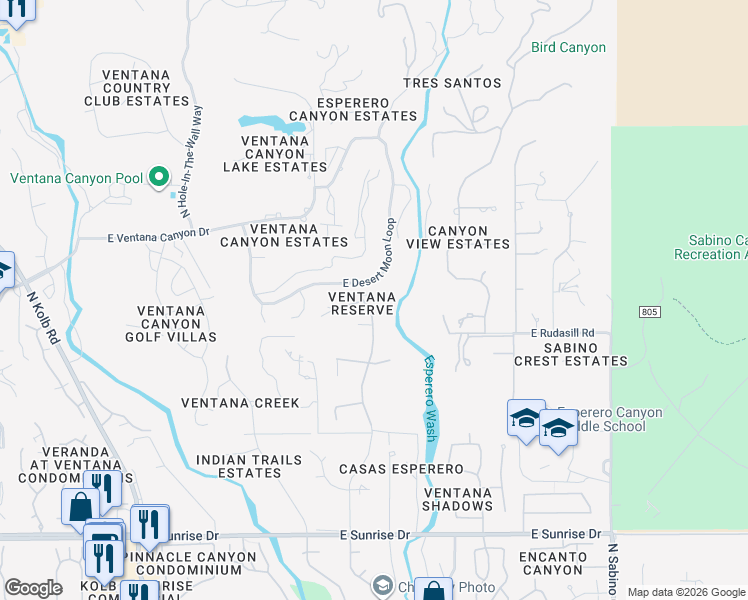 map of restaurants, bars, coffee shops, grocery stores, and more near 6070 North Indian Trail in Tucson