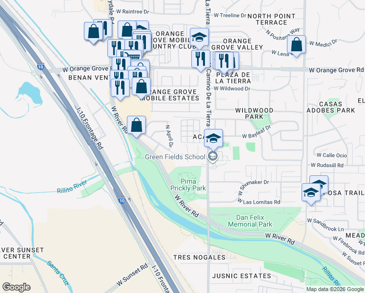 map of restaurants, bars, coffee shops, grocery stores, and more near 6086 North Applesauce Court in Tucson