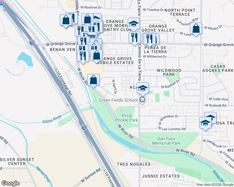 map of restaurants, bars, coffee shops, grocery stores, and more near 6078 North April Drive in Tucson