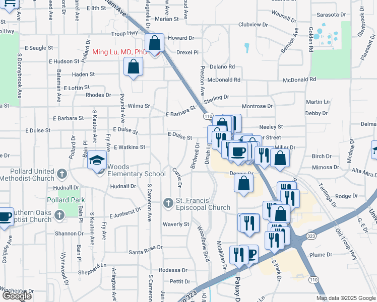 map of restaurants, bars, coffee shops, grocery stores, and more near 2910 Oak Knob Street in Tyler