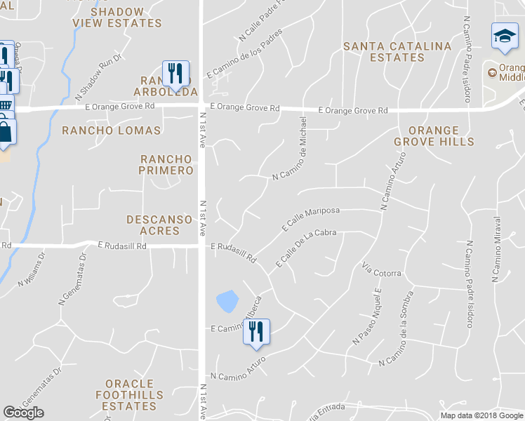 map of restaurants, bars, coffee shops, grocery stores, and more near 6108 North Camino de Michael in Tucson