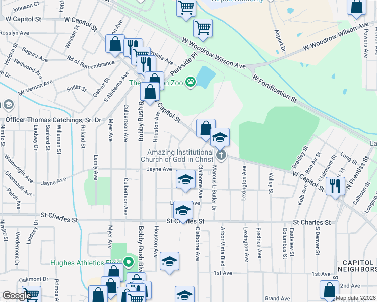 map of restaurants, bars, coffee shops, grocery stores, and more near 2915 Macy Street in Jackson