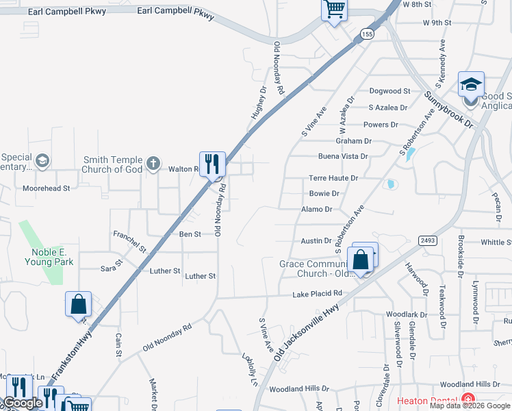 map of restaurants, bars, coffee shops, grocery stores, and more near 1655 Alamo Crossing Road in Tyler
