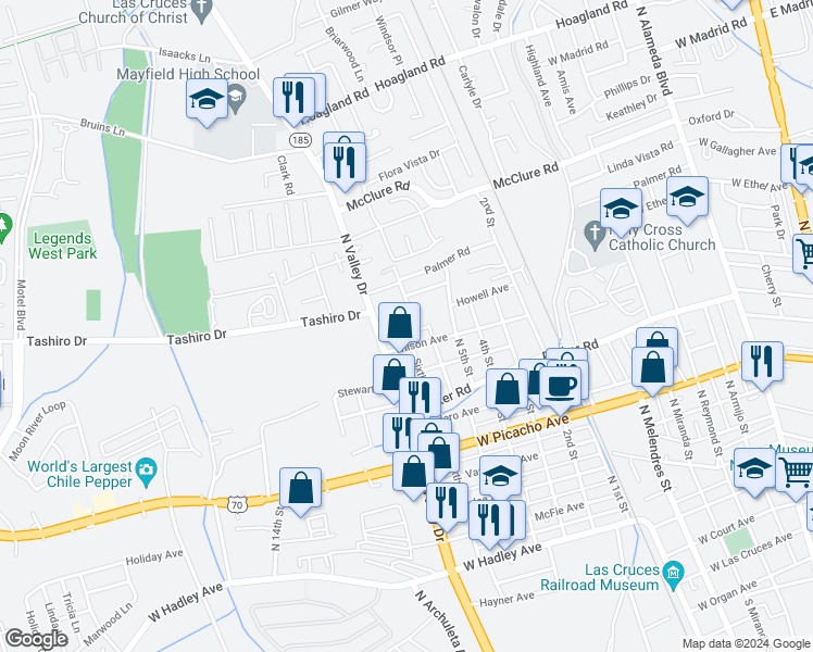 map of restaurants, bars, coffee shops, grocery stores, and more near 1325 Sixth Street in Las Cruces