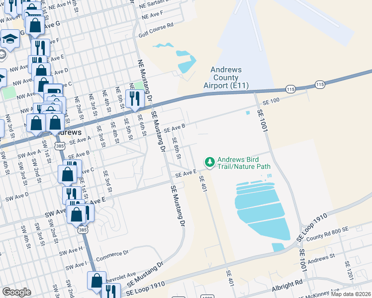 map of restaurants, bars, coffee shops, grocery stores, and more near 9 Southeast Ave C in Andrews