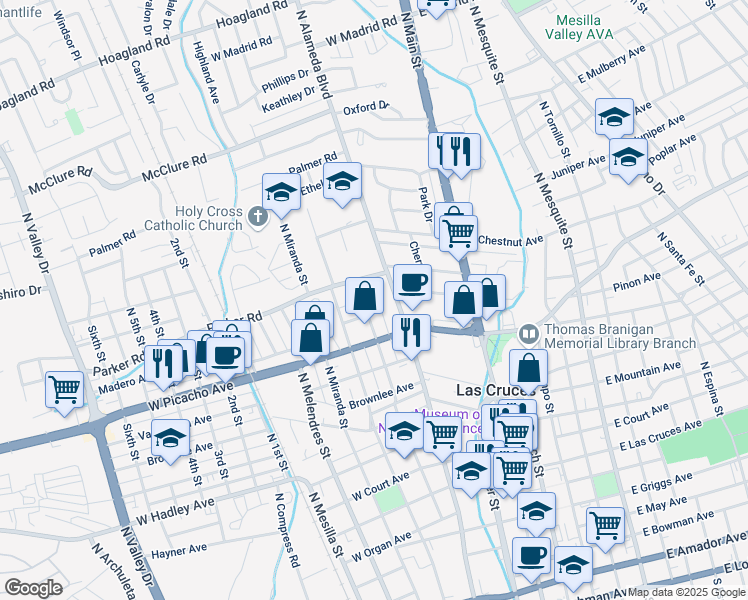 map of restaurants, bars, coffee shops, grocery stores, and more near 1010 North Armijo Street in Las Cruces