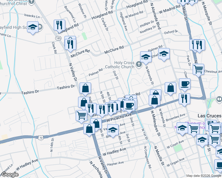 map of restaurants, bars, coffee shops, grocery stores, and more near 1225 3rd St in Las Cruces