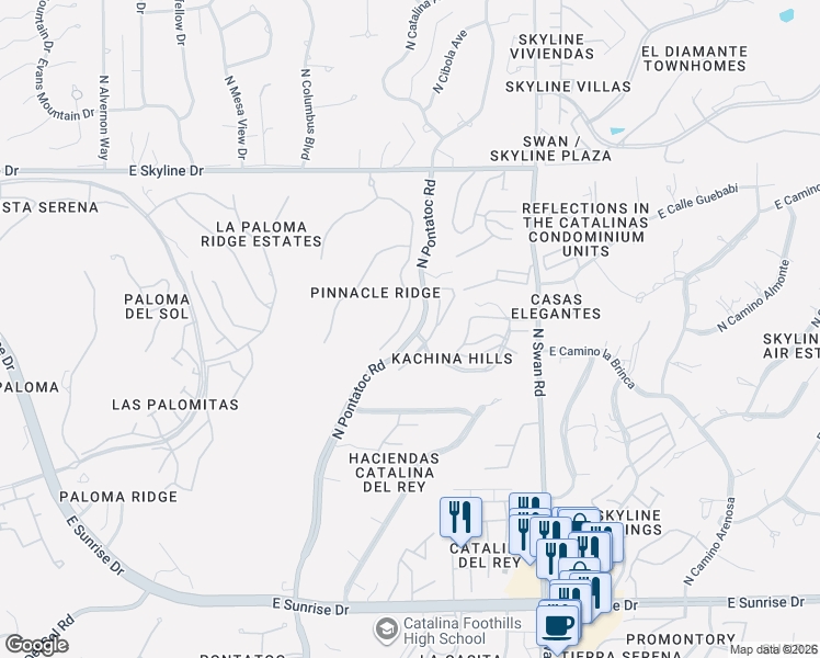 map of restaurants, bars, coffee shops, grocery stores, and more near 6124 North Pinnacle Ridge Drive in Tucson