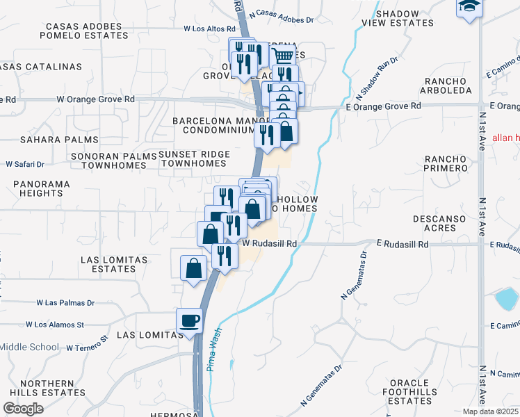 map of restaurants, bars, coffee shops, grocery stores, and more near 6080 North Oracle Road in Tucson