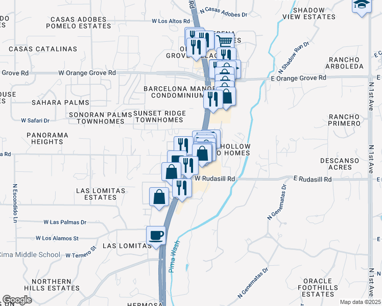 map of restaurants, bars, coffee shops, grocery stores, and more near 431 West Cll Lago in Tucson