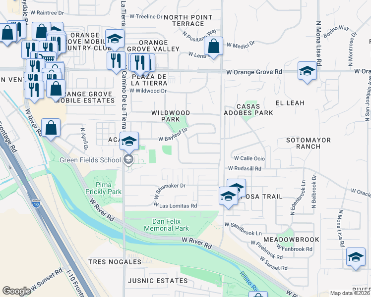 map of restaurants, bars, coffee shops, grocery stores, and more near 6080 North Curry Avenue in Tucson