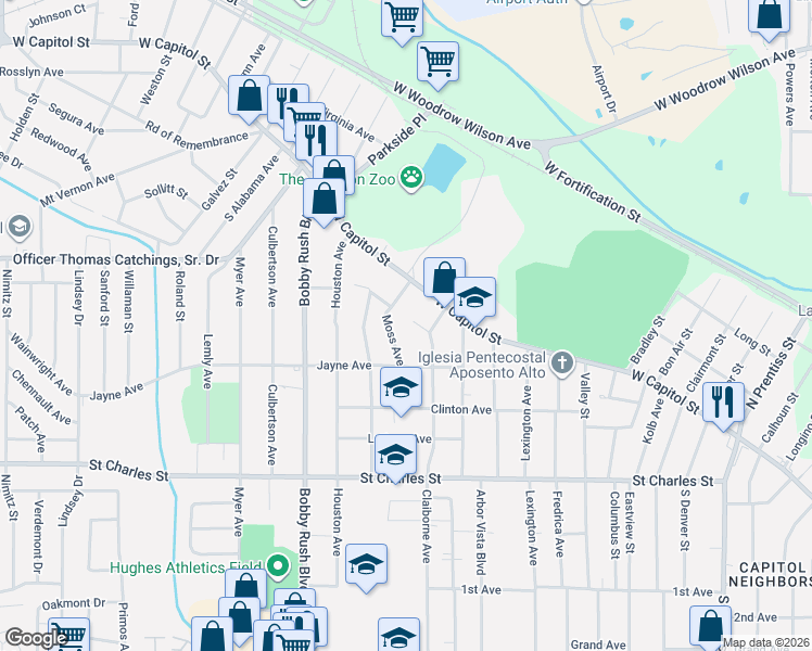 map of restaurants, bars, coffee shops, grocery stores, and more near 2915 Macy Street in Jackson