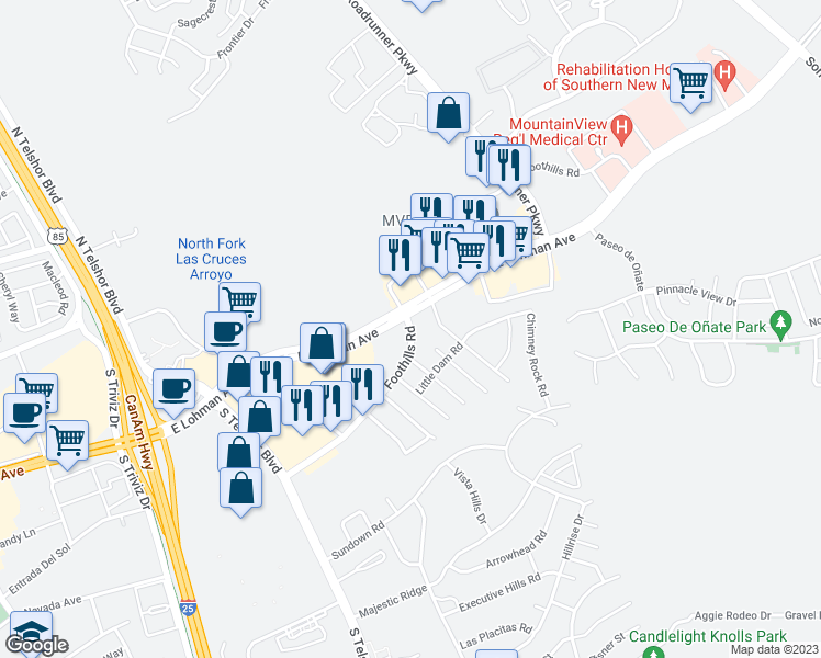 map of restaurants, bars, coffee shops, grocery stores, and more near Foothills Road in Las Cruces