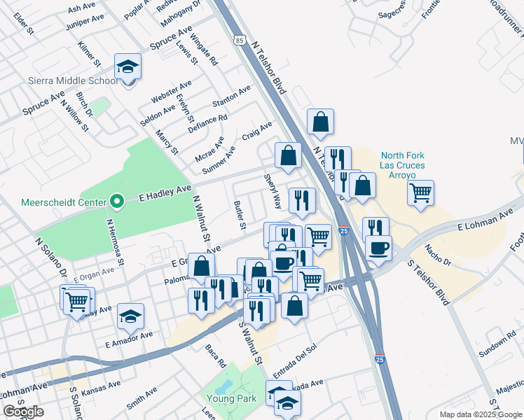 map of restaurants, bars, coffee shops, grocery stores, and more near 417 Augustus Road in Las Cruces