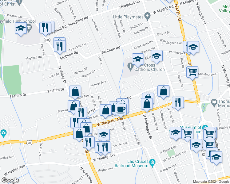 map of restaurants, bars, coffee shops, grocery stores, and more near 1206 2nd Street in Las Cruces
