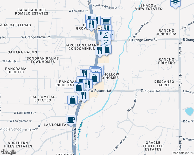 map of restaurants, bars, coffee shops, grocery stores, and more near 6080 North Oracle Road in Tucson