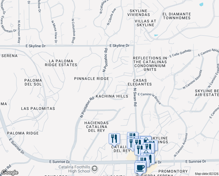 map of restaurants, bars, coffee shops, grocery stores, and more near 6225 North Pascola Circle in Tucson