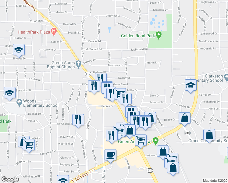 map of restaurants, bars, coffee shops, grocery stores, and more near 1815 Courtney Drive in Tyler