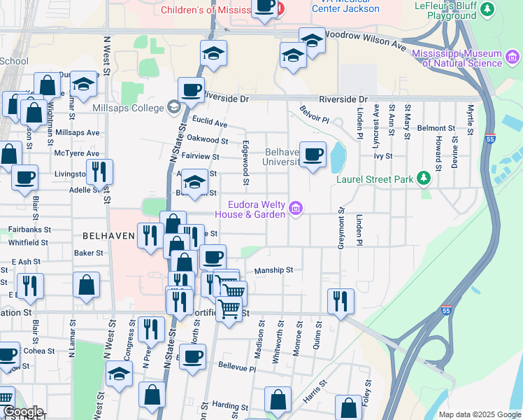 map of restaurants, bars, coffee shops, grocery stores, and more near 934 Pinehurst Street in Jackson