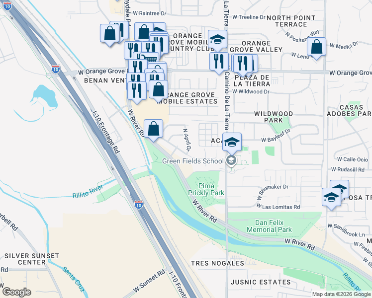 map of restaurants, bars, coffee shops, grocery stores, and more near 6078 North April Drive in Tucson