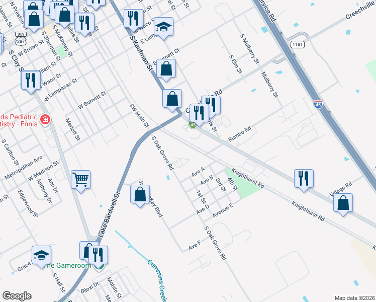 map of restaurants, bars, coffee shops, grocery stores, and more near 114 Knighthurst Road in Ennis