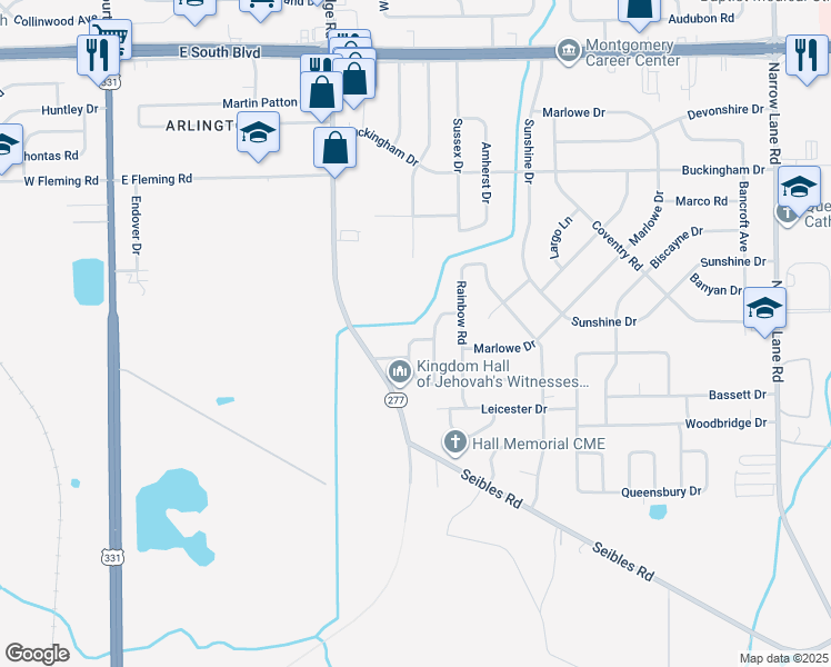map of restaurants, bars, coffee shops, grocery stores, and more near 1855 Coral Lane in Montgomery