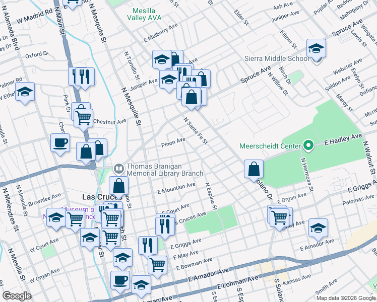 map of restaurants, bars, coffee shops, grocery stores, and more near 721 East Picacho Avenue in Las Cruces