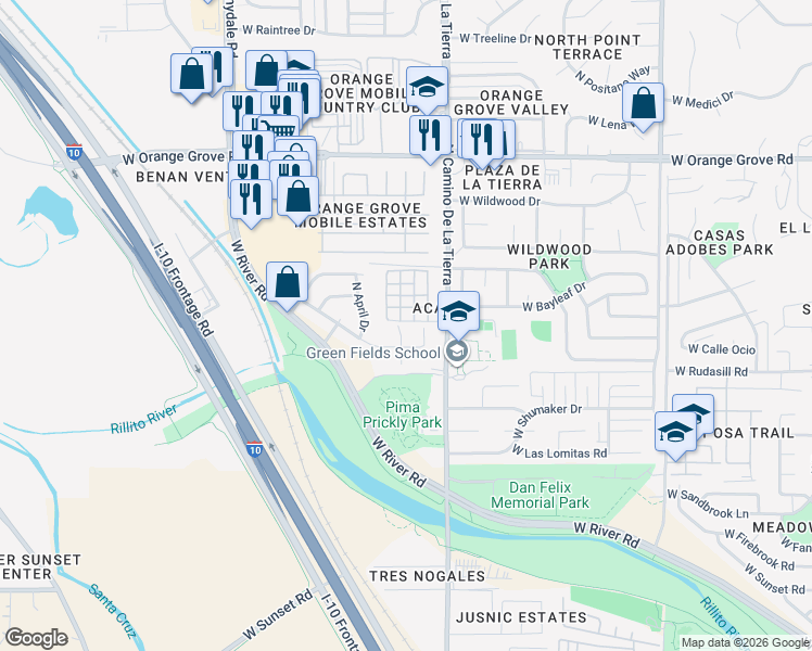 map of restaurants, bars, coffee shops, grocery stores, and more near 6086 North Applesauce Court in Tucson