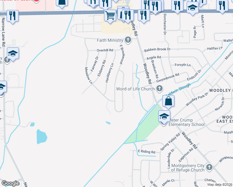 map of restaurants, bars, coffee shops, grocery stores, and more near 3349 Brookwood in Montgomery