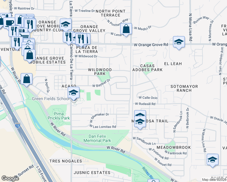 map of restaurants, bars, coffee shops, grocery stores, and more near 6080 North Curry Avenue in Tucson