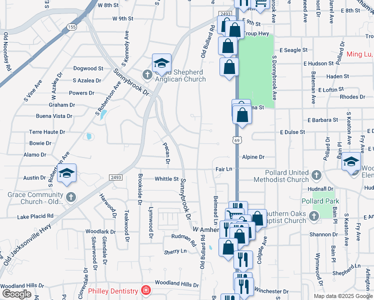 map of restaurants, bars, coffee shops, grocery stores, and more near 2900 Sunnybrook Drive in Tyler