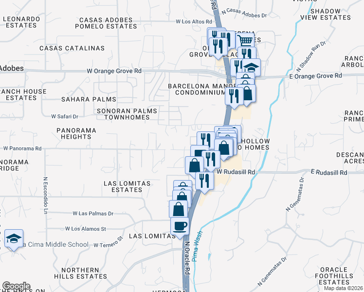 map of restaurants, bars, coffee shops, grocery stores, and more near 620 West Panorama Road in Tucson
