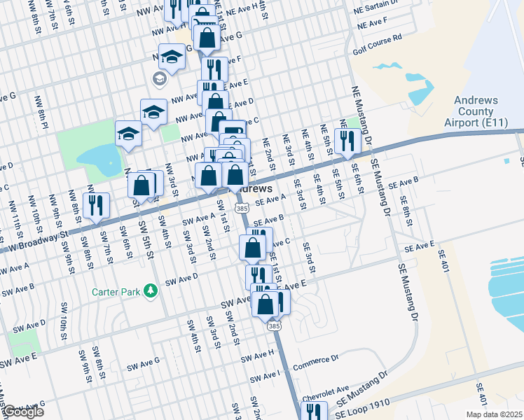 map of restaurants, bars, coffee shops, grocery stores, and more near in Andrews