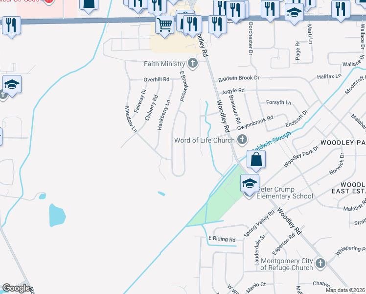 map of restaurants, bars, coffee shops, grocery stores, and more near 3349 Brookwood in Montgomery