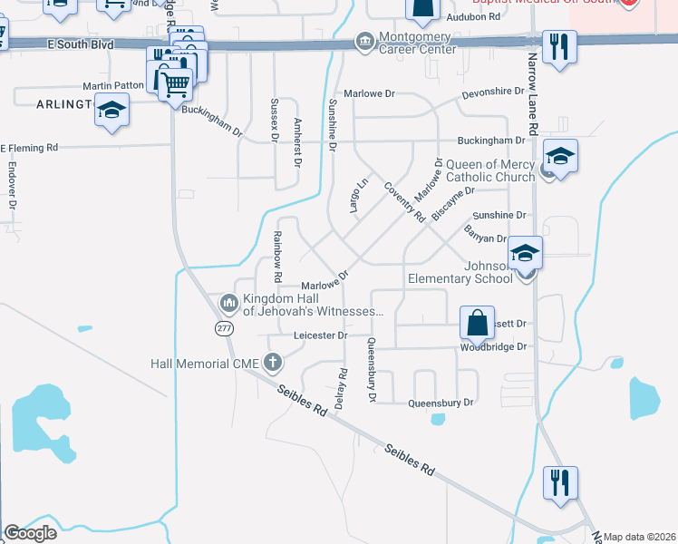 map of restaurants, bars, coffee shops, grocery stores, and more near 4418 Delray Road in Montgomery