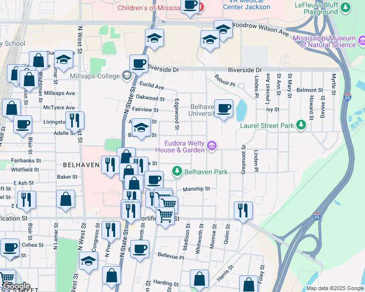 map of restaurants, bars, coffee shops, grocery stores, and more near 934 Pinehurst Street in Jackson