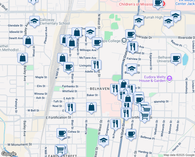 map of restaurants, bars, coffee shops, grocery stores, and more near 332 Josanna Street in Jackson