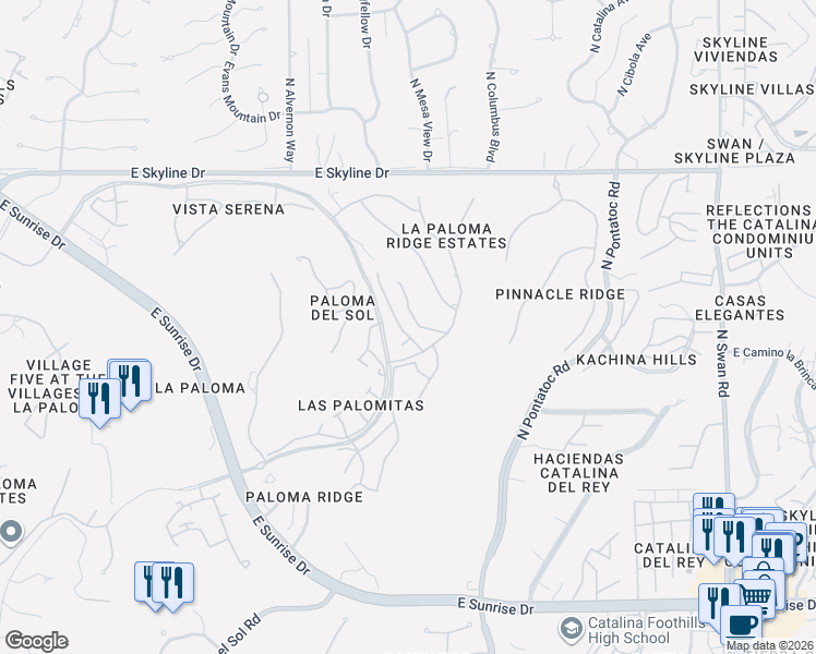 map of restaurants, bars, coffee shops, grocery stores, and more near 4131 North Vía Presilla in Tucson