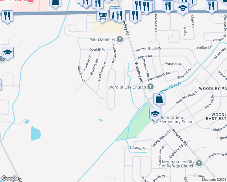 map of restaurants, bars, coffee shops, grocery stores, and more near 3349 Brookwood in Montgomery