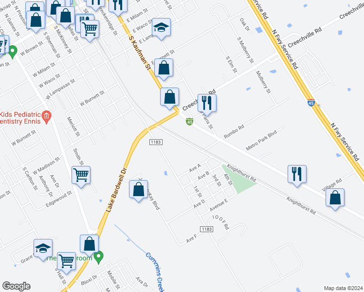 map of restaurants, bars, coffee shops, grocery stores, and more near 114 Knighthurst Road in Ennis