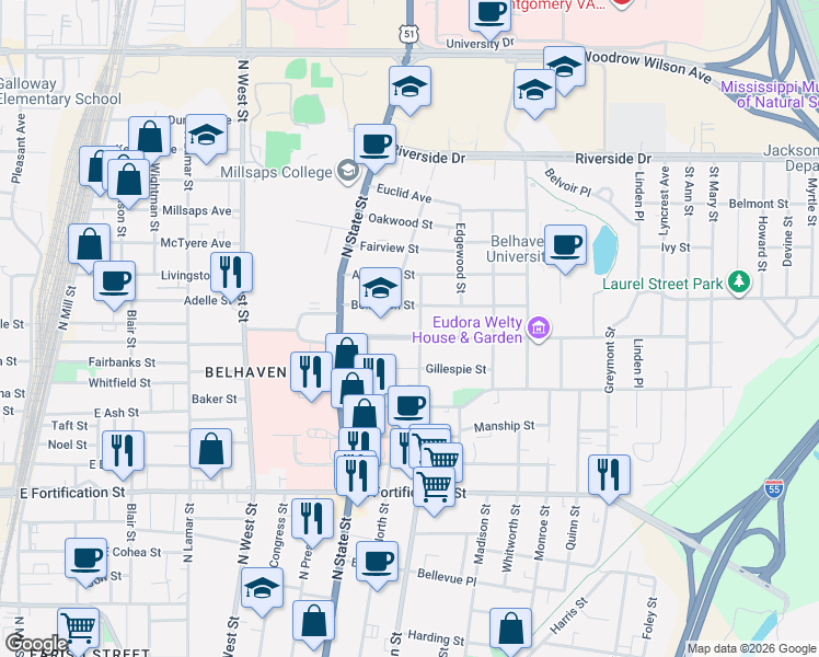 map of restaurants, bars, coffee shops, grocery stores, and more near 784 Pinehurst Street in Jackson