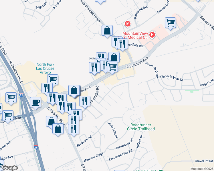 map of restaurants, bars, coffee shops, grocery stores, and more near 704 Indian Hollow Road in Las Cruces