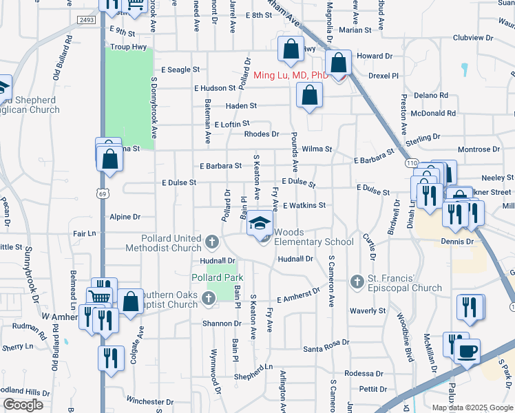 map of restaurants, bars, coffee shops, grocery stores, and more near 900 East Watkins Street in Tyler