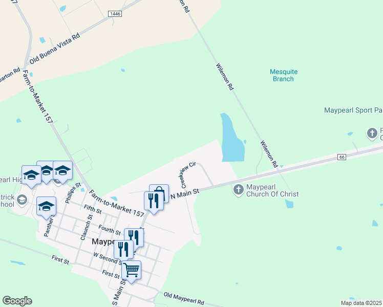 map of restaurants, bars, coffee shops, grocery stores, and more near 128 Creekview Cir in Maypearl