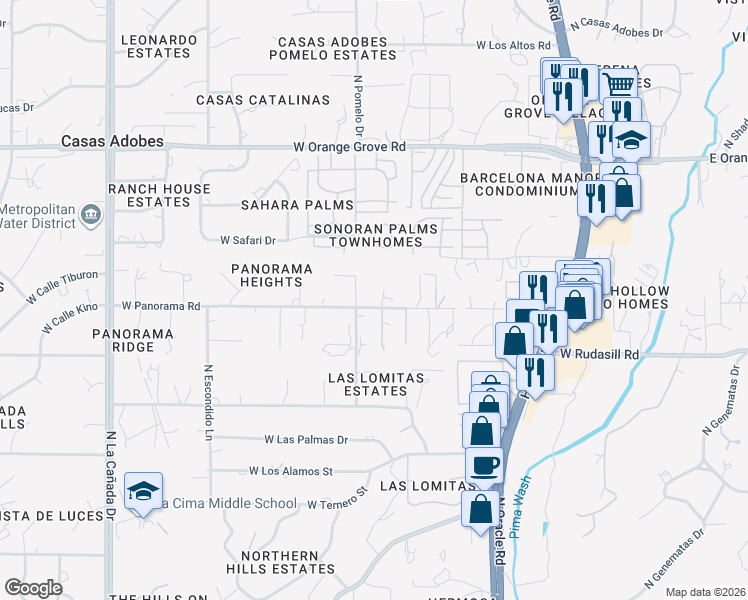 map of restaurants, bars, coffee shops, grocery stores, and more near 850 West Panorama Road in Tucson